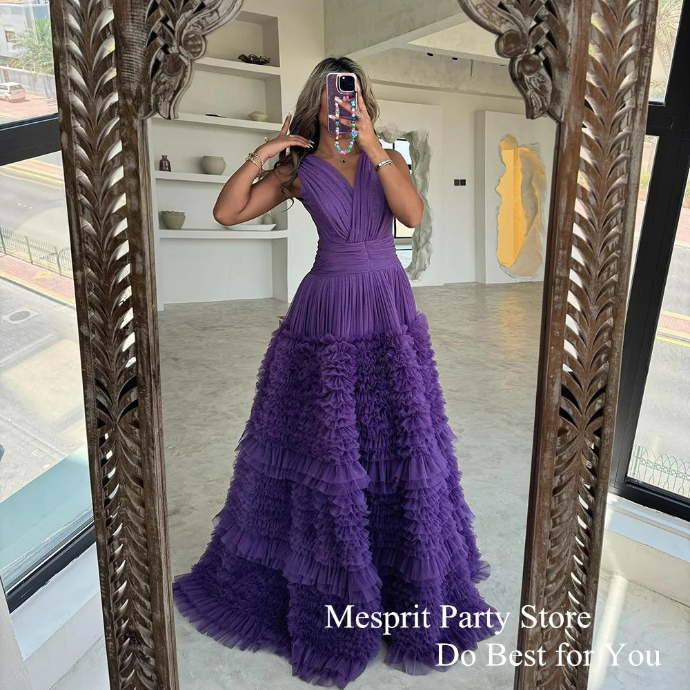 Lavender Evening Dress Saud Arab Prom Gown V Neck Sleeveless Pleat Ruffles Tulle Formal Occasion Dresses Arabian Party Gowns