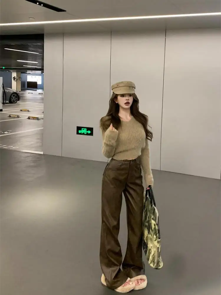 

Korean Fashion Women Khaki Elegant Long Sleeved Vacation Top Autumn Winter V Neck Knitwear Sweater Simplicity Popular Casual New