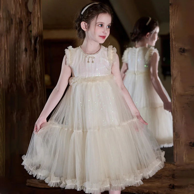 Girls' Dress Pearl Decoration Summer Sweet Charm Cute Children's Elegant Mesh Princess Dress Birthday Party Outdoor Fashion