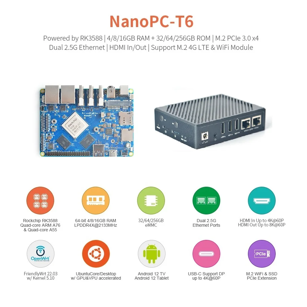 

NanoPC-T6 LTS & Combo 4/8/16G DDR RAM+32G/64G eMMC Dual 2.5G Rockchip RK3588 2.5Gbps LAN,OpenWRT Supports 4K Input 8K Android 12