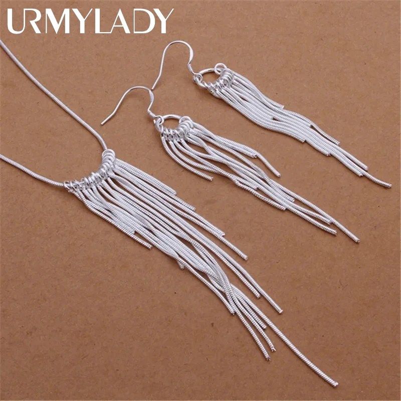 Fine 925 sterling Silver zestawy biżuterii dla kobiet 18 cali linie frędzli naszyjnik kolczyki Fashion Party ślubne prezenty świąteczne
