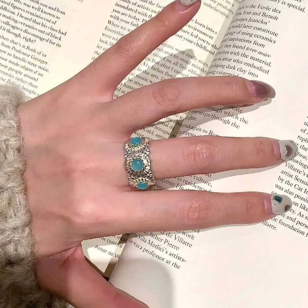 0.9ct Blue Agate Daisy Ring for Women 925 Sterling Silver Sunflower Fine Jewelry Statement Valentines Birthday Party Luck Gift