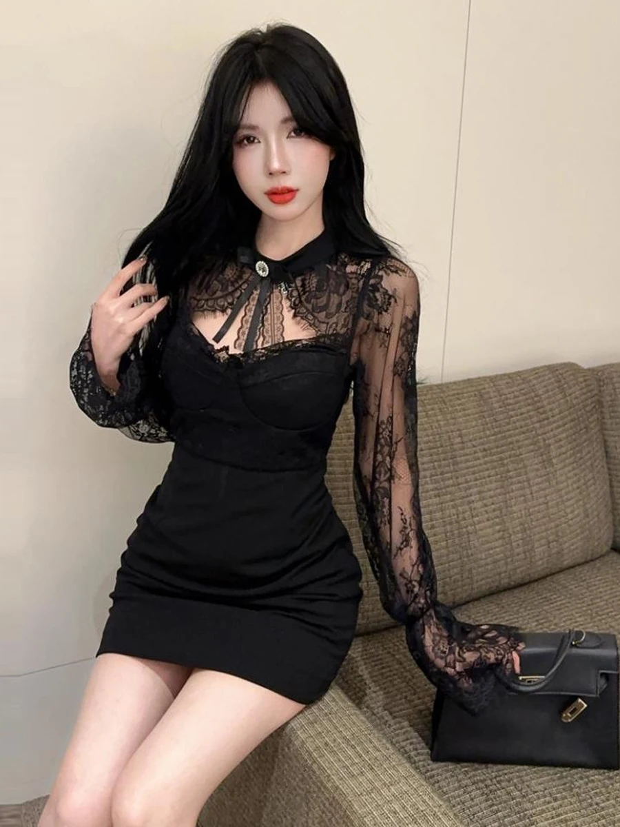 خمر الحلو Y2K الأسود شير الدانتيل مساء اللباس المرأة مثير انقطاع جرس كم Bodycon البسيطة فستان قصير حزب ثوب الراقية سيدة