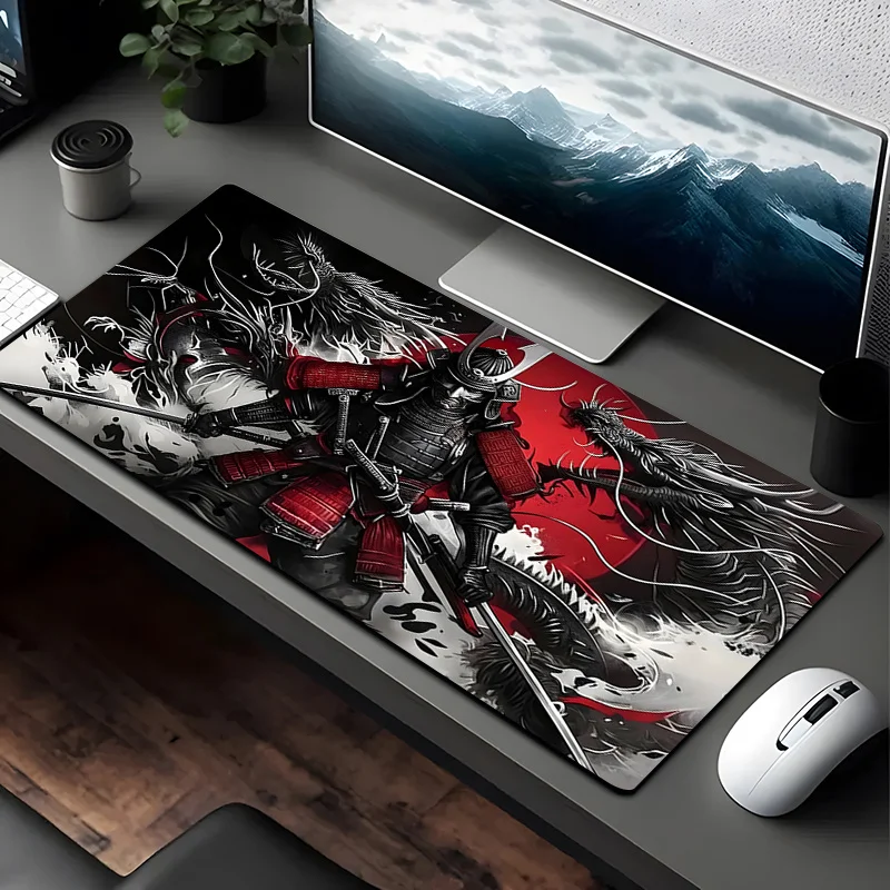 Tappetino per mouse e scrivania da gioco Samurai Dragon Warrior da 1 pezzo - Base antiscivolo 89,92x39,88 cm, Samurai vibrante stampato HD e Dragon Art -