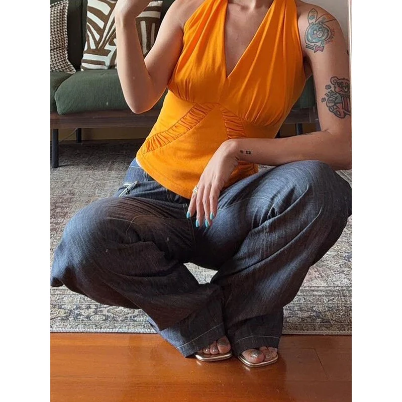 المرأة خمر الأزرق متوهج الجينز 2000s شارع العليا الدنيم السراويل Y2k Harajuku جرس أسفل الدانتيل المرقعة جيب بناطيل كاجوال #3