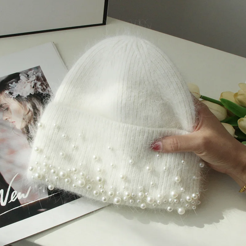 Hat Women Winter Beanie Angora Knit Pearls Warm Accessory For Cold Weather Autumn Sports Skiing Outdoor Holiday