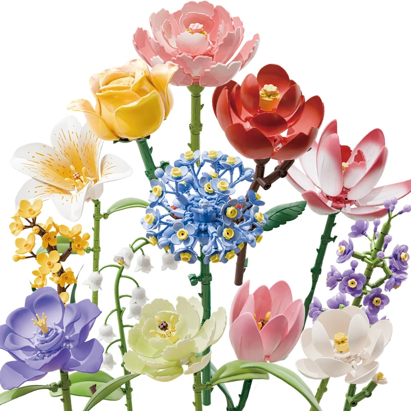 DIY Building Block Flower Bouquet Set, Simulation Rose & Carnation Assembly Toy, Eternal Floral Desktop Tabletop Decor Gift