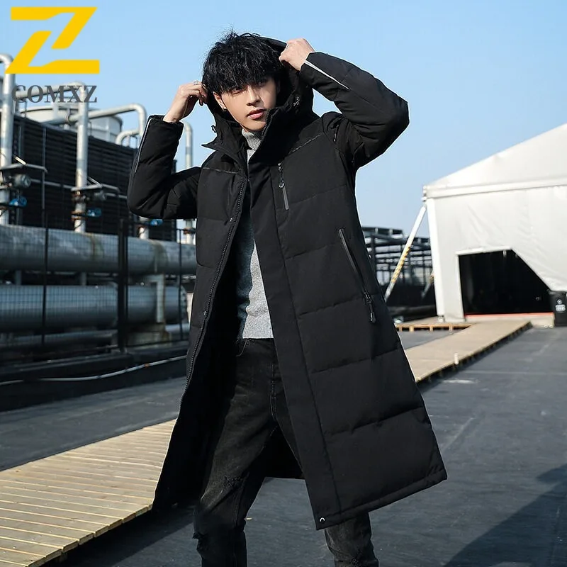 COMXZ سترات رجالية عصرية بياقة مقنعين على الموضة الكورية معطف دافئ مملوء للتنقل في المكتب سترة شتوية خفيفة الوزن