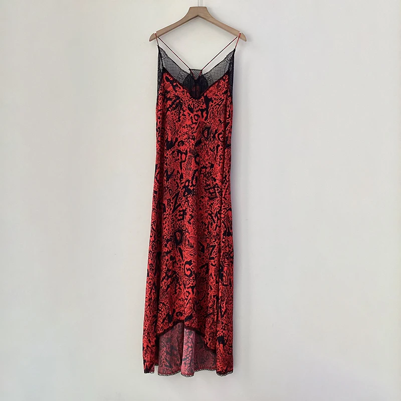 Zadig Summer Dress Woman Sexy Lace Splicing Halter Dresses Female Elegant Silk Sexy V-Neck Black Print Fashion Lady Red Robes