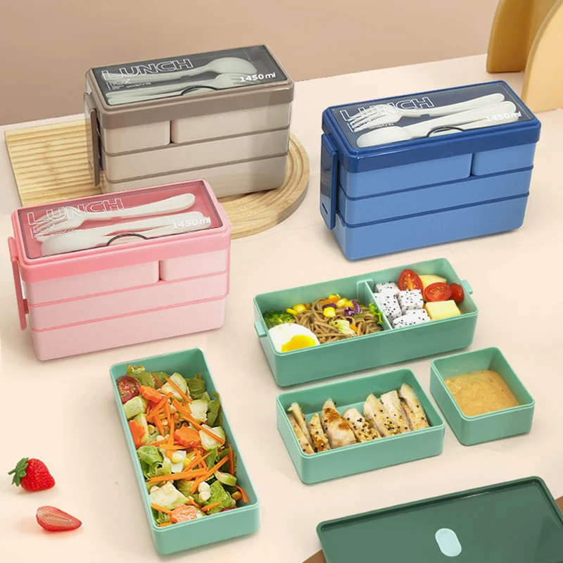 3 Layer Lunch Box Wheat Straw Bento Boxes Microwave Dinnerware Food Storage Healthy Material Container Lunchbox 1450ml