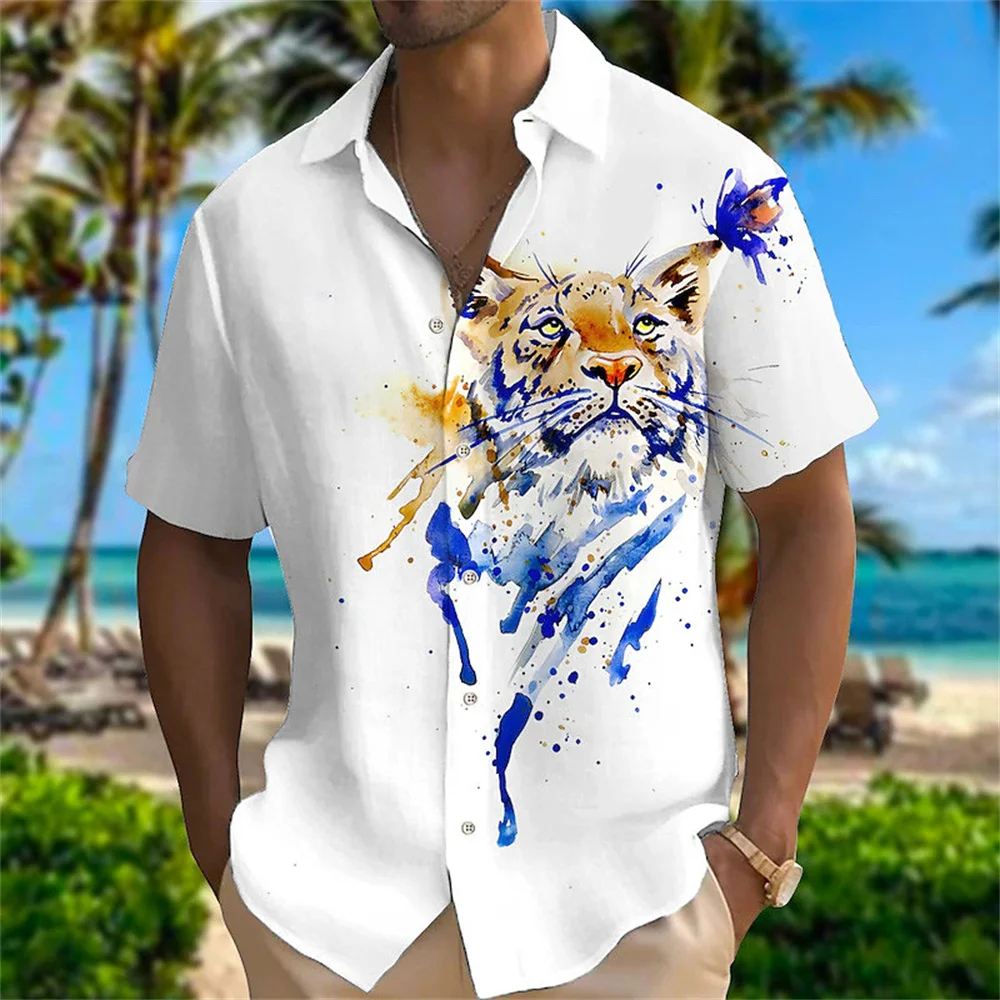 Summer Tiger Butterfly Printed Short Sleeve Shirt for Men's Personalized Art Fashion Shirt