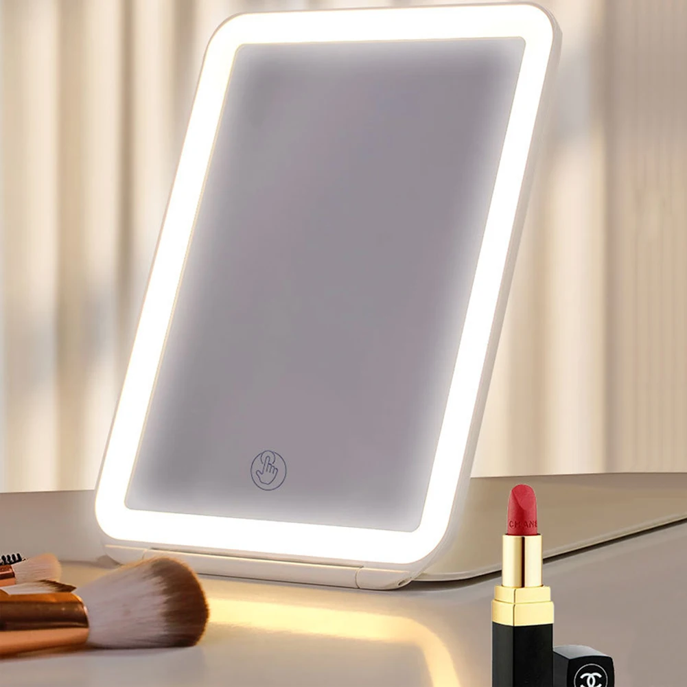 Espejo de maquillaje plegable con carga USB, tocador con pantalla táctil de aumento de 10x, cristal cosmético con luz LED, herramienta de mesa de