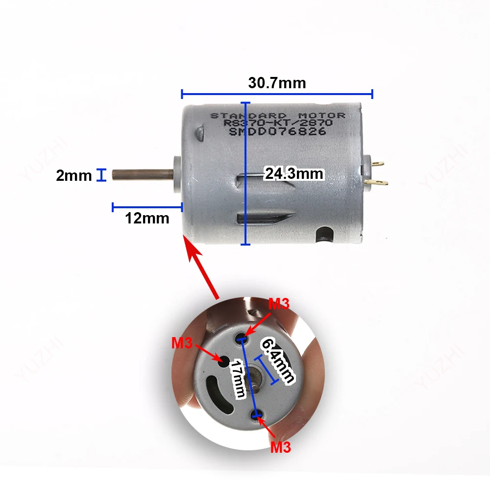 Mini 12mm Long Shaft 370 Motor DC 12V Carbon Brush High Speed Large Torque Strong Magnetic Motor with Cooling Hole