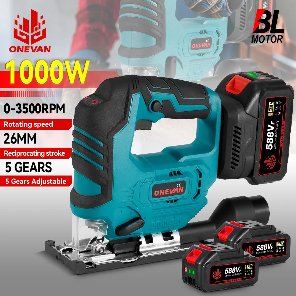 Brushless Electric Jig Saw 1000W 3500RPM Cordless Jigsaw Angle Adjustable 3-Speed Woodworking Power Tool for Makita 18V Battery