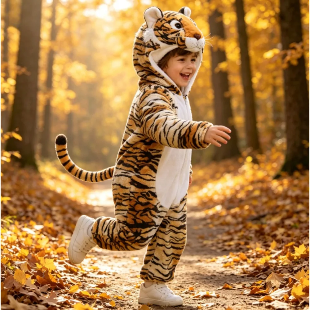 Kids Tiger Animal Majestic Jumpsuit Older Children Stage Play Cartoon Mascot Romper Halloween Party Role Play Performance Outfit