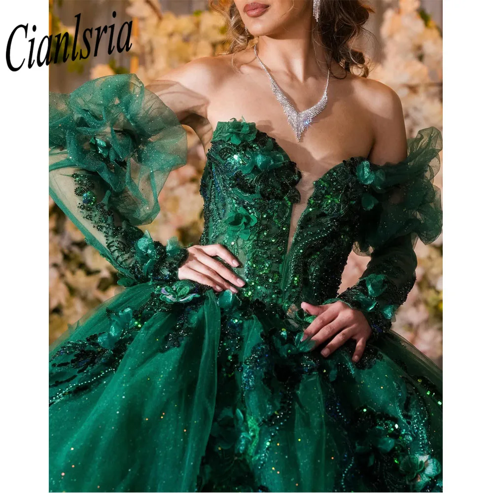 Emerald Green Detachable Sleeve Ball Gown Quinceanera Dresses 3D Flowers Sequined Appliques Lace Corset Vestidos De 15 Años