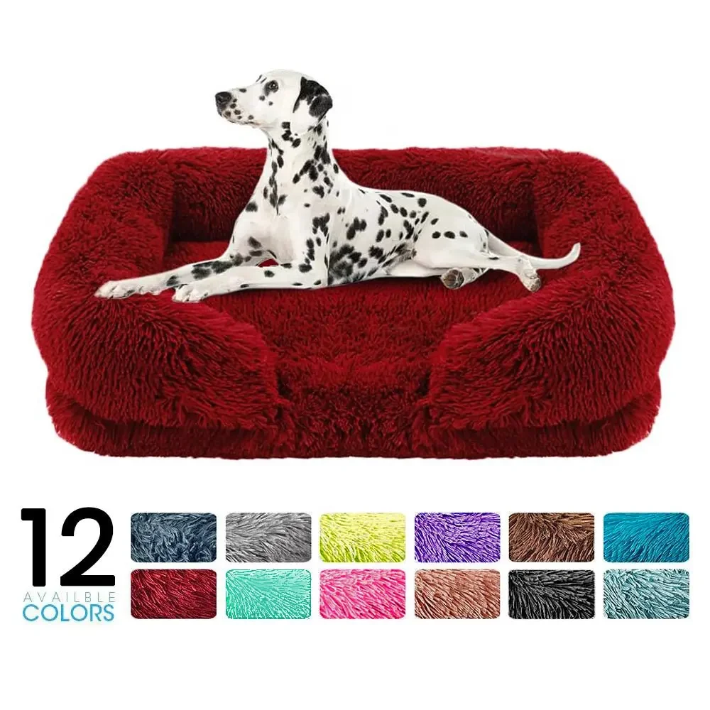 Cozy Plush Dog Sofa Bed Square Beds Washable Warm Pet Cushion Orthopedic Faux Fur Memory Foam Lounger Fluffy with Remove Cover