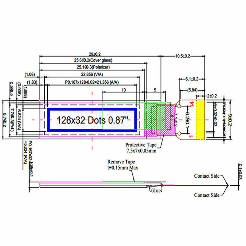 0.87 Inch OLED Display Module Wristband Display 128*32 Electronic Communication Display 14PIN SSD1316 Driver I2C IIC Interface