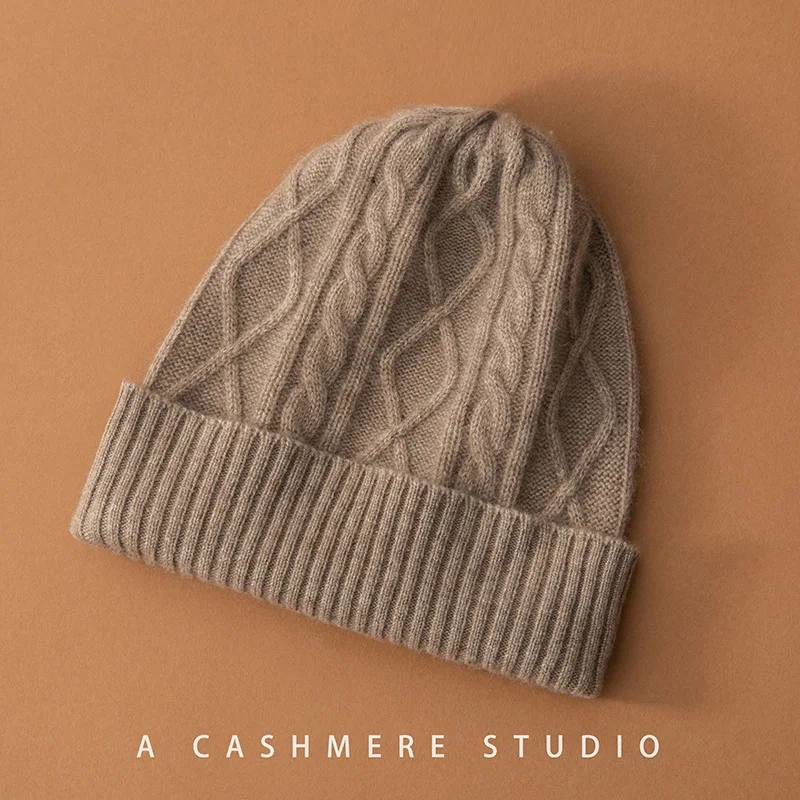 THYFZT  New Winter 100% Cashmere Knitted Headgears Women Keep Warm Beanie Hat High Quality Solid Casual Hedging Cap Skullies