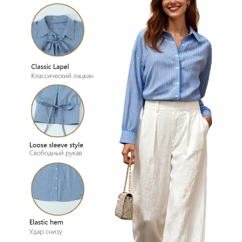 Blau gestreiftes Damen-Langarmshirt mit Schleife und Schleife, süßes und lässiges, vielseitiges Oberteil