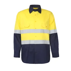 Men's high visibility shirt all cotton breathable color blocking flip collar reflective safety long sleeved shirt