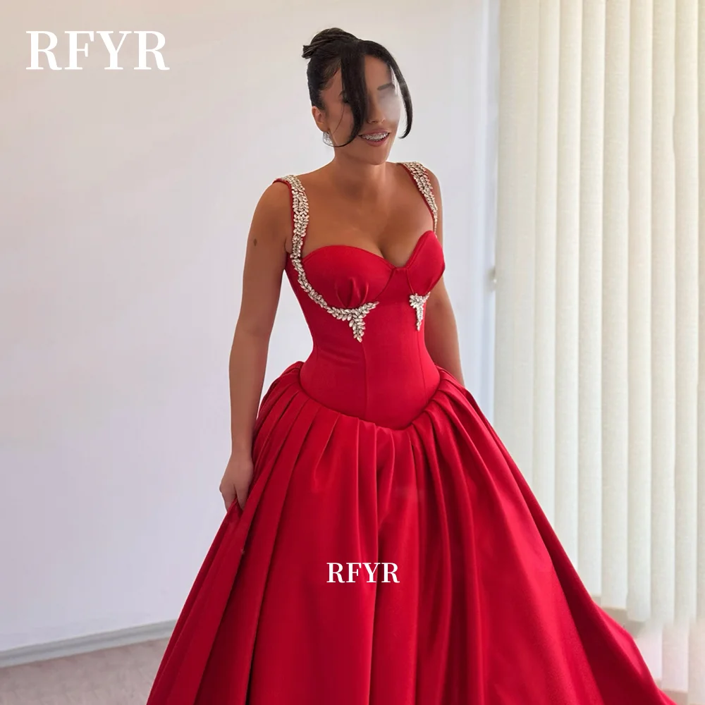 

RFYR Red Princess Dress Sweethearet Prom Dress Beading Evening Dress with Crystal Stones Party Dress for Arabic Women Customized