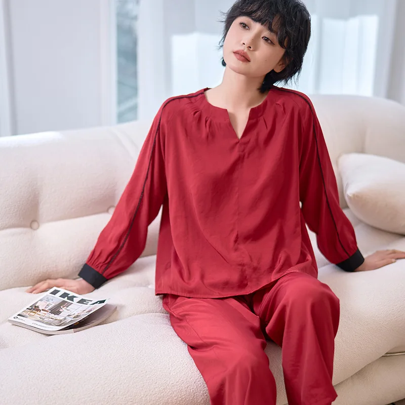 Elegant Minimalist Pajama Set Women Red Viscose Loose Fit Sleepwear V-Neck Top with Wide Leg Pants Casual Homewear Chic Two Tone