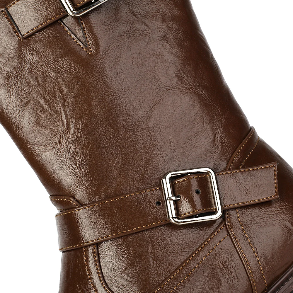 2025 شتاء جديد ناضجة براون الأسود النساء منتصف العجل الأحذية جولة تو ميد كعب مكتب سيدة أحذية عارية زائد حجم كبير 12 43 45 47