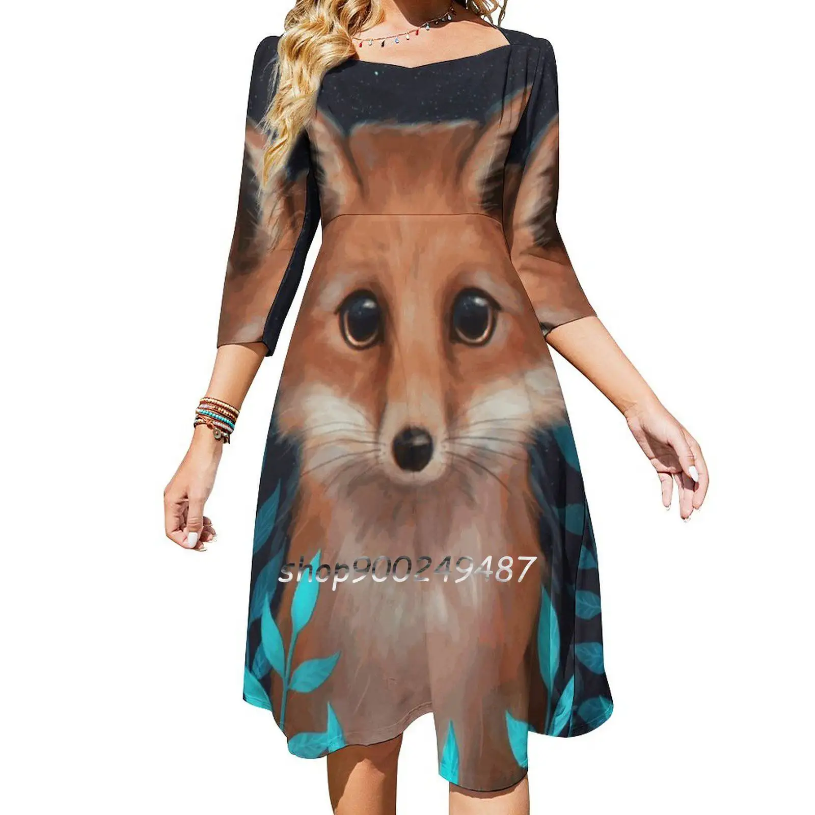 Fox Women Casual High Waist Mini Dress Short and Long Sleeve Dresses Fashion Dress Cute Kawaii Adorable Pet Animal Fox Wolf