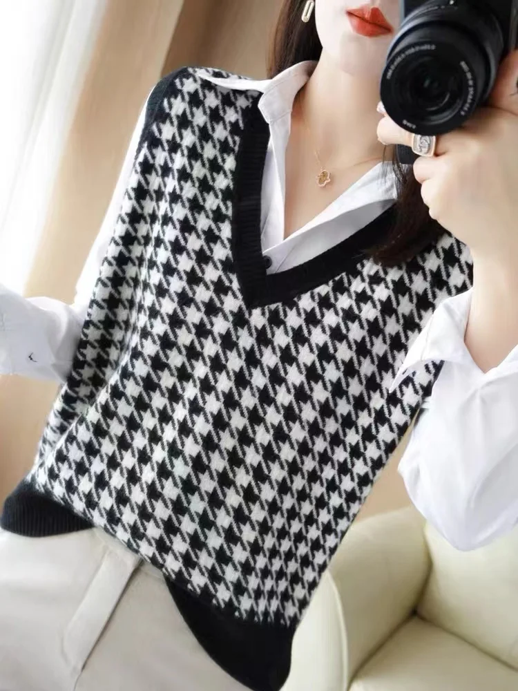 Autumn Winter Women's Knitted Vest Brand Tag Removed V-Neck Warm Outerwear Casual Commute Style Loose Fit Regular Length