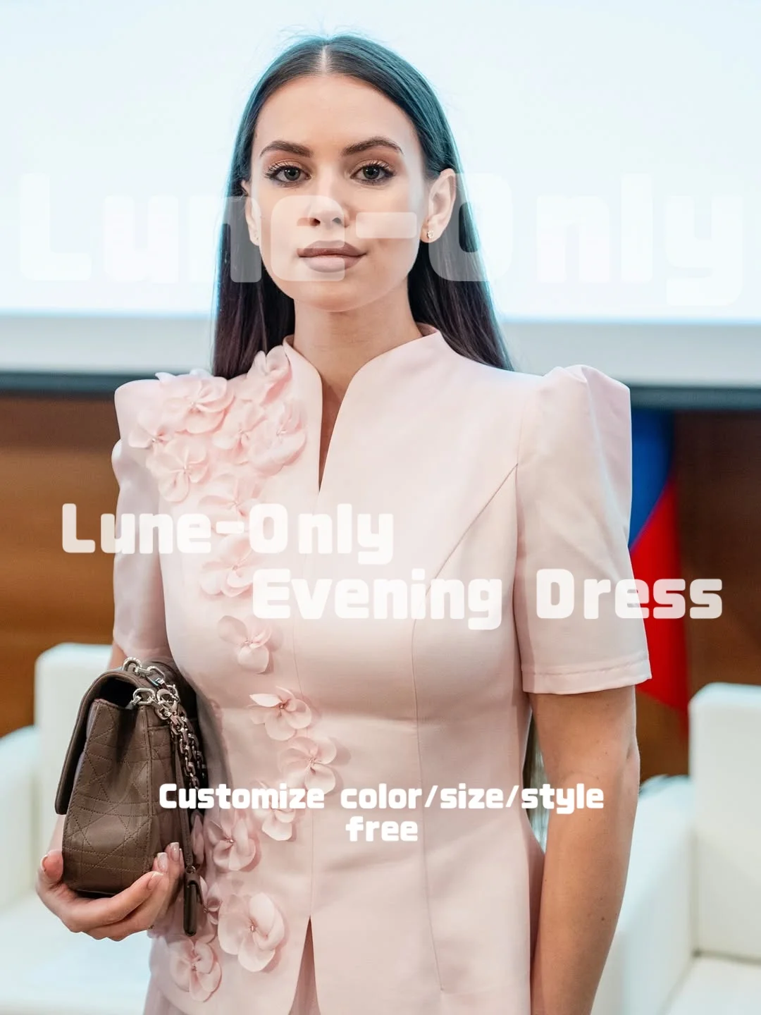 تخصيص الزهور الوردية طويلة الأكمام الدعاوى الحلو النساء فساتين السهرة أنيقة حزب ثوب ألف خط حفلة موسيقية اللباس الرسمي #3