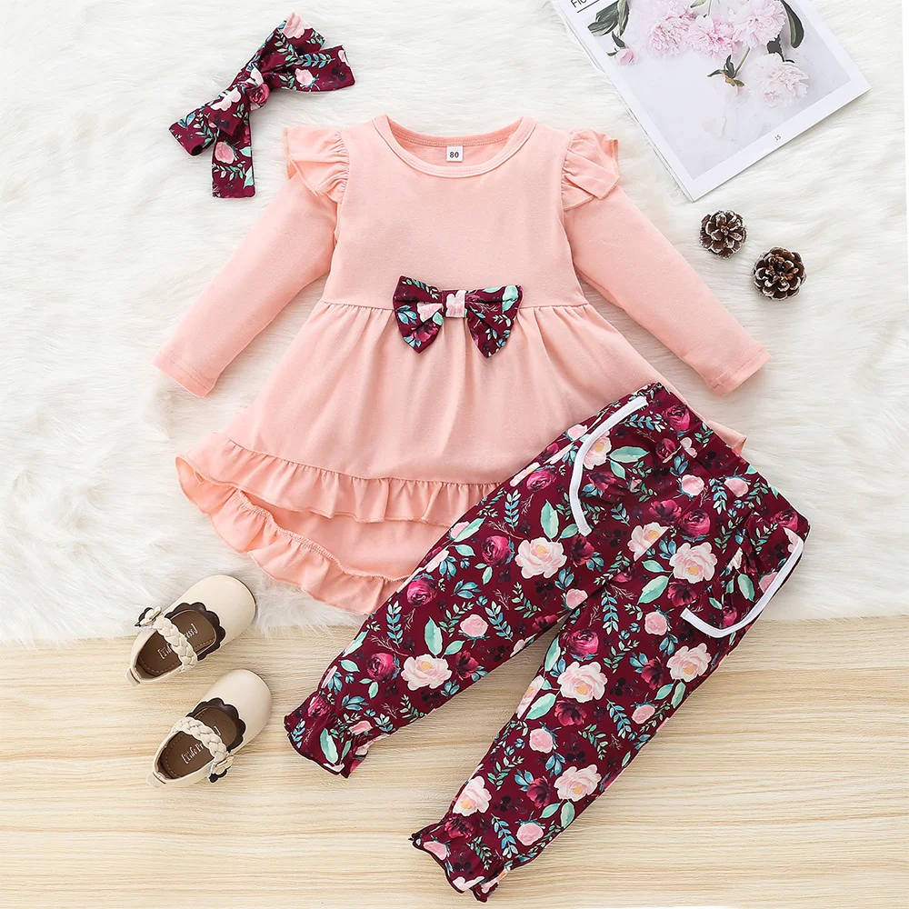 3PCS Infant Girl Clothes Set Long Sleeved Top+Flower Pants Fashion Lovely Spring&Autumn Suit for Toddler Clothing Outfit 6M-5Y