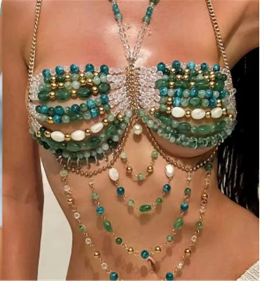 European And American Metal Chain Necklace Body Chain Hot Girl Backless Gemstone Handmade Beaded Layered Top