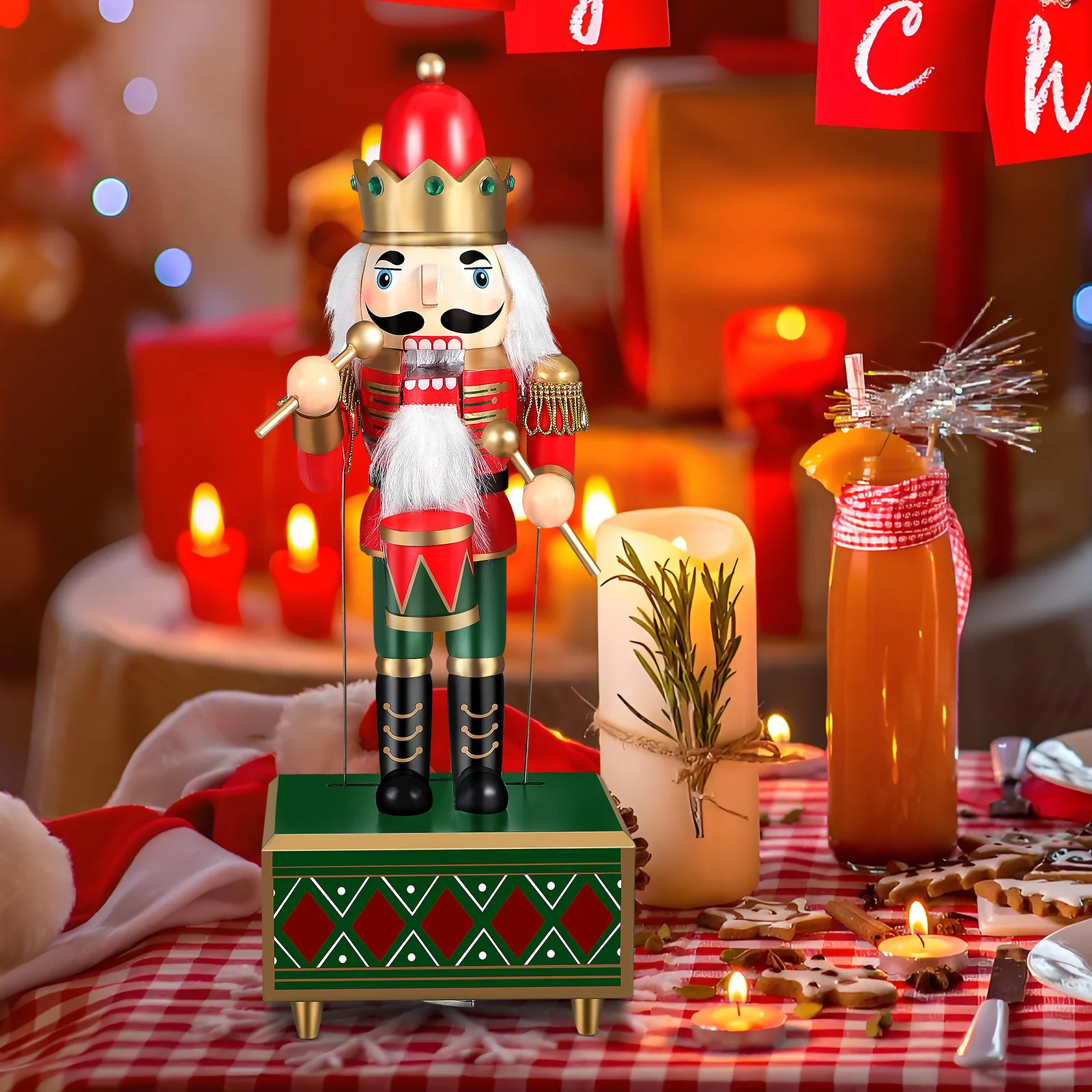 

Wood Nutcracker Music Box Large Drum Playing Nutcracker Decor Classic Christmas Decoration Xmas Ornament Musical Decoration