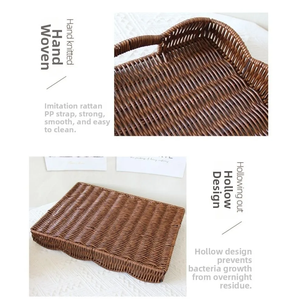 Imitation Rattan Woven Storage Tray Large Capacity Rectangular Food Serving Tray Rustic Style Multipurpose Snacks Fruit Basket
