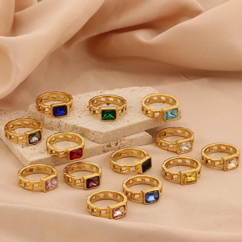 Vintage Small Square Crystal Stone Rings For Women Men Hip Hop Stainless Steel Thick Finger Ring 18K Gold Color Trendy Jewelry