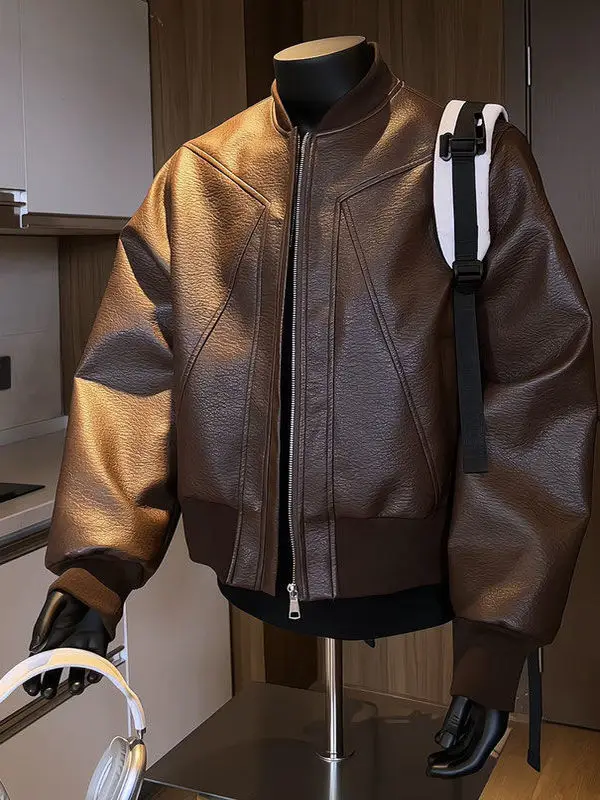 

New 2025 Design Men's Windproof Non-iron Loose American Sle Jaet Autumn Baseball Collar Leather Jaet Couple's Outerwear