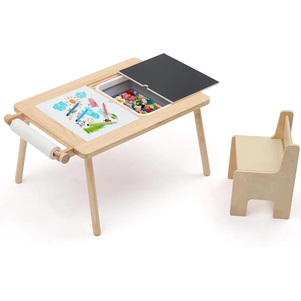 Sensory Table and Chair or Toddlers 2-8, Wood Kids Activity Tables with Storage Bins, Toddler Play Table with Roll Holder or Din