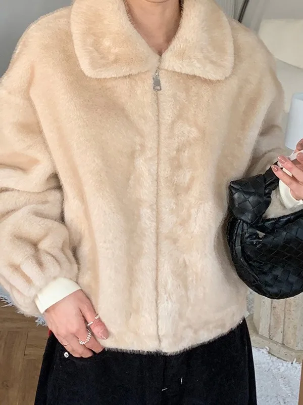 شتاء جديد Faion الوقوف طوق سستة وهمية المنك Jaet ort المرأة الفاخرة يشعر معطف الدفء الفراء الاصطناعية الكورية Sle