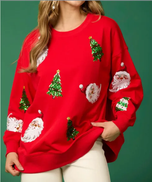 

BKLD 2025 Autumn And Winter New Women Clothing Round Neck Casual Loose Christmas Sequined Pullovers Sweatshirts Long Sleeve Tops