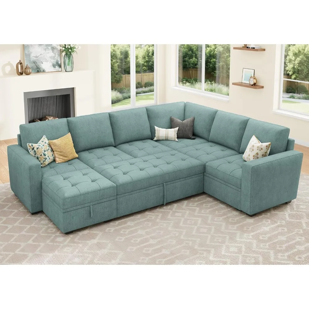 

Modular Sectional Couch with Pull Out Bed,Modular Sleeper Sofa with Storage,U Shaped Sectional Couches for Living Room,Blue