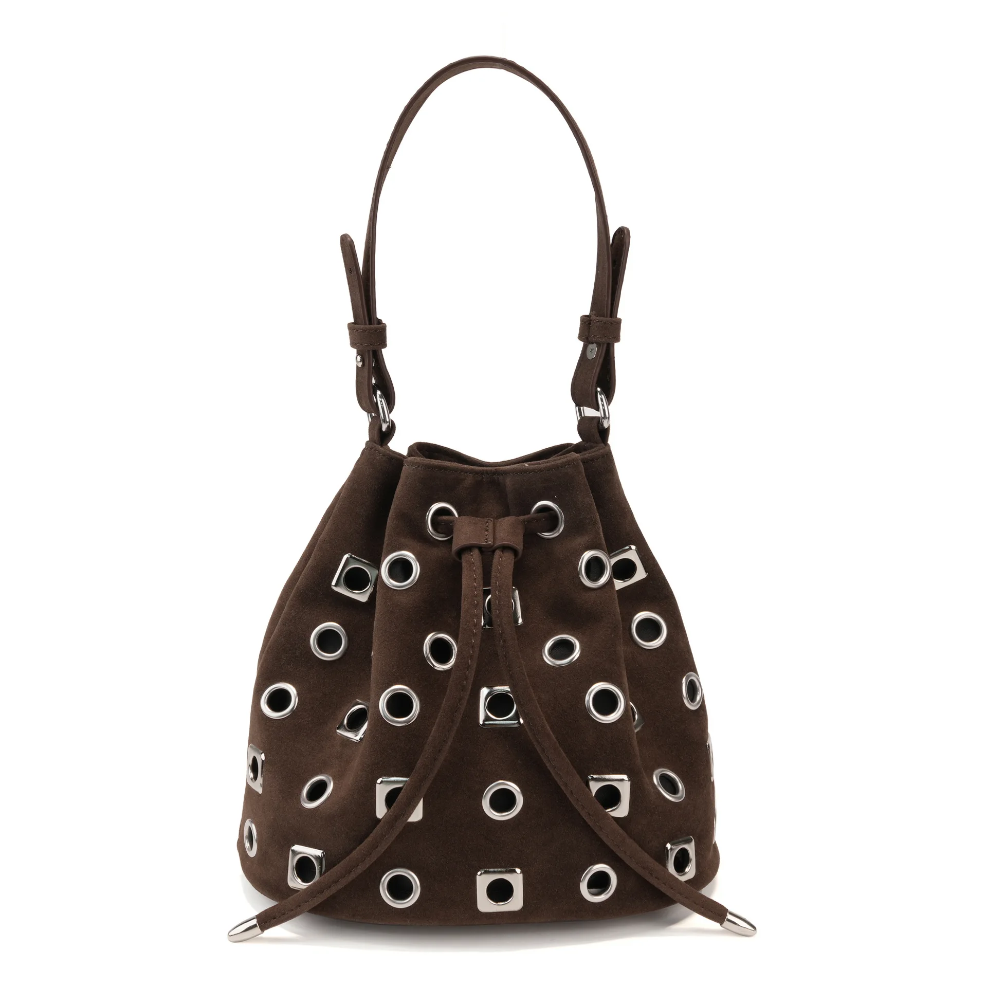 

Модные сумки-ведра с заклепками для женщин, полые сумки с шипами, сумка через плечо из искусственной замши, НОВАЯ маленькая сумка на шнурке, НОВЫЙ клатч