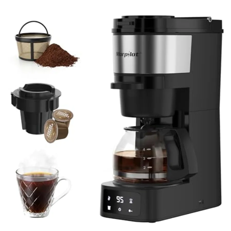 Cafetera de 2 en 1 para el hogar/oficina: Acero inoxidable, negra, preparación dual con K-Cup o café molido, 4 ajustes de temperatura, compacta de 4-5 onzas.