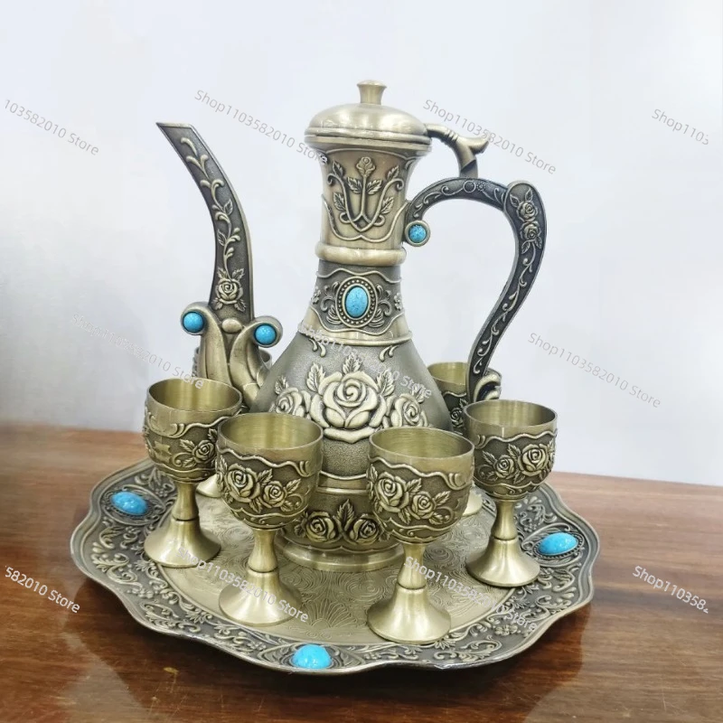 Nuevo Set de Vino Metálico con Jarra de Gran Capacidad, Diseño Creativo Castillo de Rosas, Jarra de Vino con Patrón para Ambiente Festivo, para Hotel y Hogar, para Licores