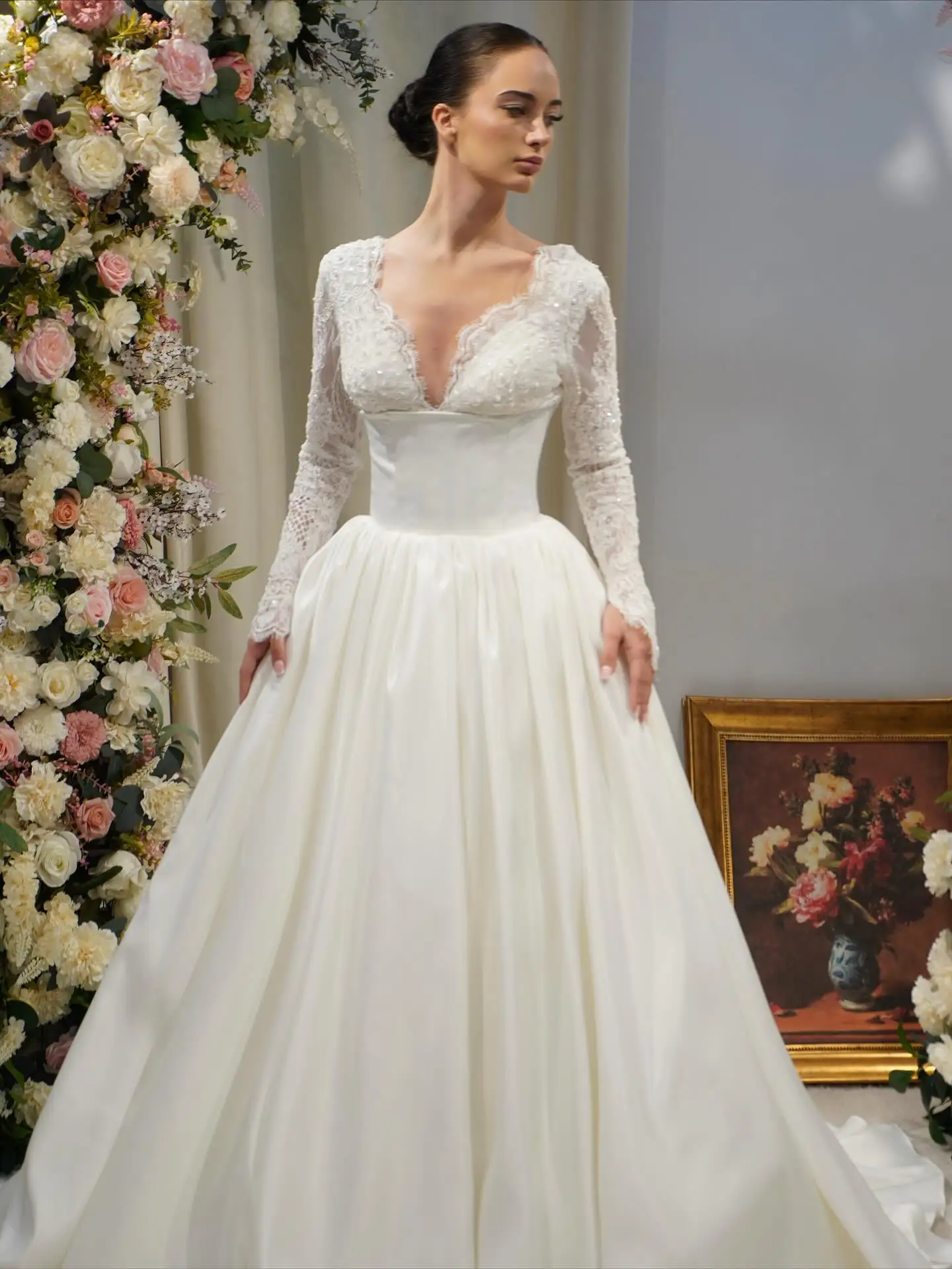 Sharon Said Luxury Ball Gown Lace Long Sleeves V Neck Beaded Satin Wedding Dress Bridal Gowns SW547 Customized