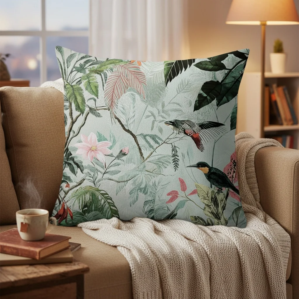 1PC 2D Flat Vintage Tropical Botanical Bird Print Throw Pillow Covers Decorative Square Cushion Cases for Home Living Room