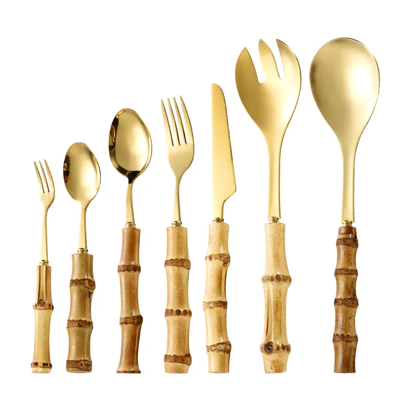 Bamboo Handle Stainless Steel Tableware Western Tableware Steak Knife Fork Spoon Set Includes Dessert Spoon Forks Household