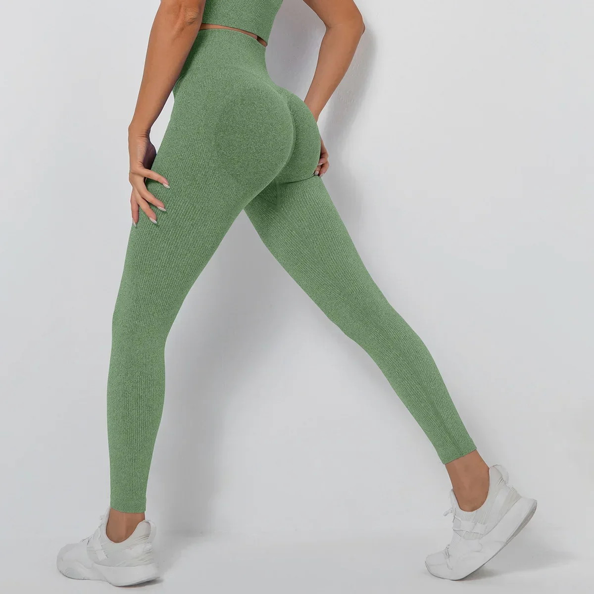 Pantaloni da yoga con filo senza cuciture Sport Fitness Vita alta a V Pesca Sollevamento fianchi Pantaloni da corsa ad alta elasticità Leggings da palestra per allenamento