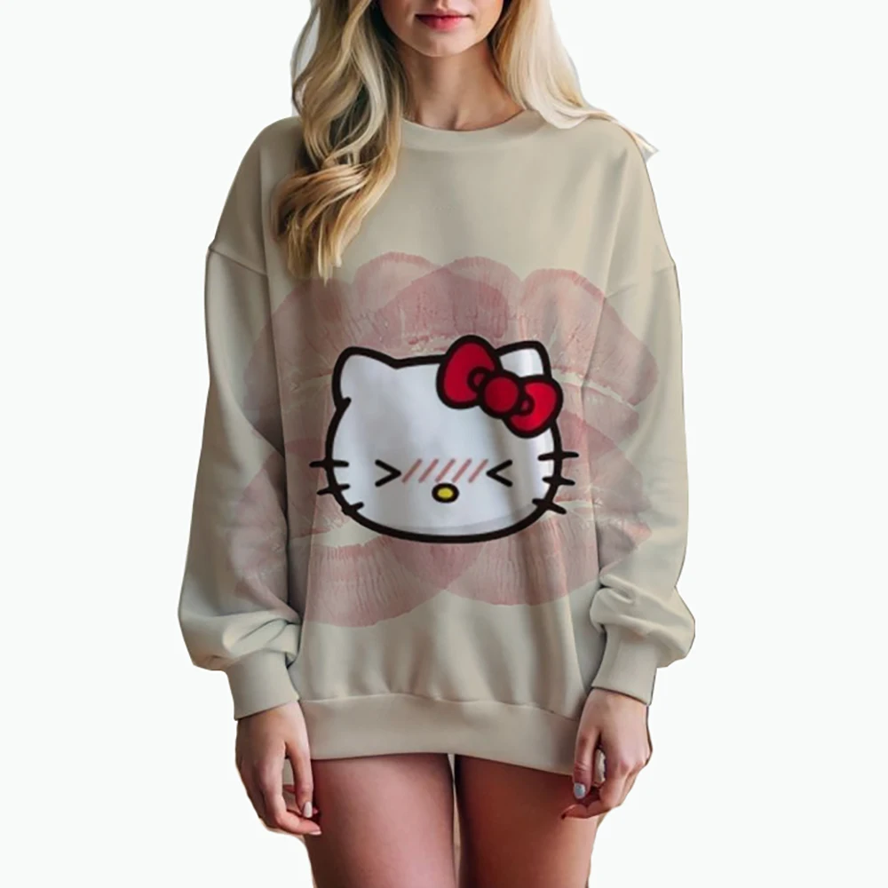 Women\'s Hello Kitty Printed Sweatshirt, High Street Women\'s Hoodie, Y2K Pattern Clothing, Casual Round Neck Sweater