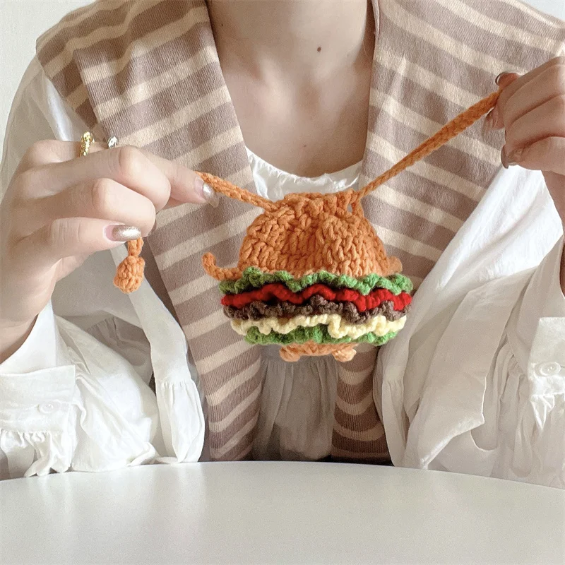 Cute Knitted Hamburger Emoji Earphones Lipstick Storage Bag For AirPods 1 2 3 4 Pro2